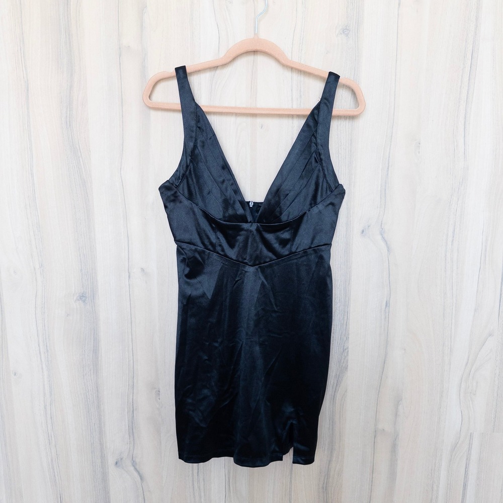 Hello Molly Satin Mini Dress Size 8 Black Plunge Neck Pleated Bodycon Party Goth
